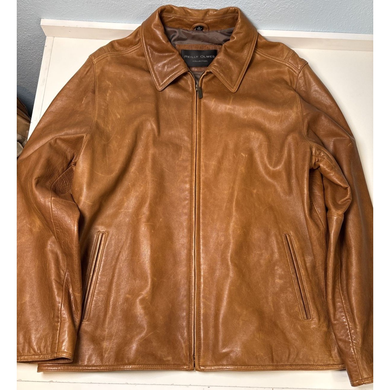 Reilly Olmes Large Leather Jacket Mens Tan Brown Good Zip Front Harrington Moto